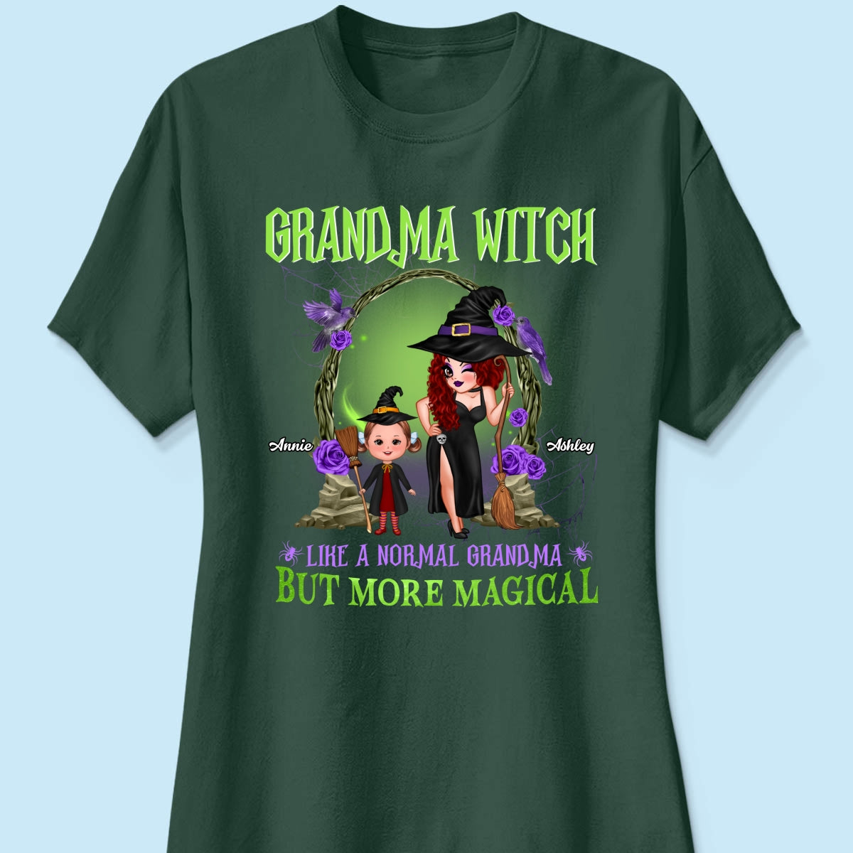 Purple And Green Pretty Grandma & Grandkids Halloween Personalized Shirt