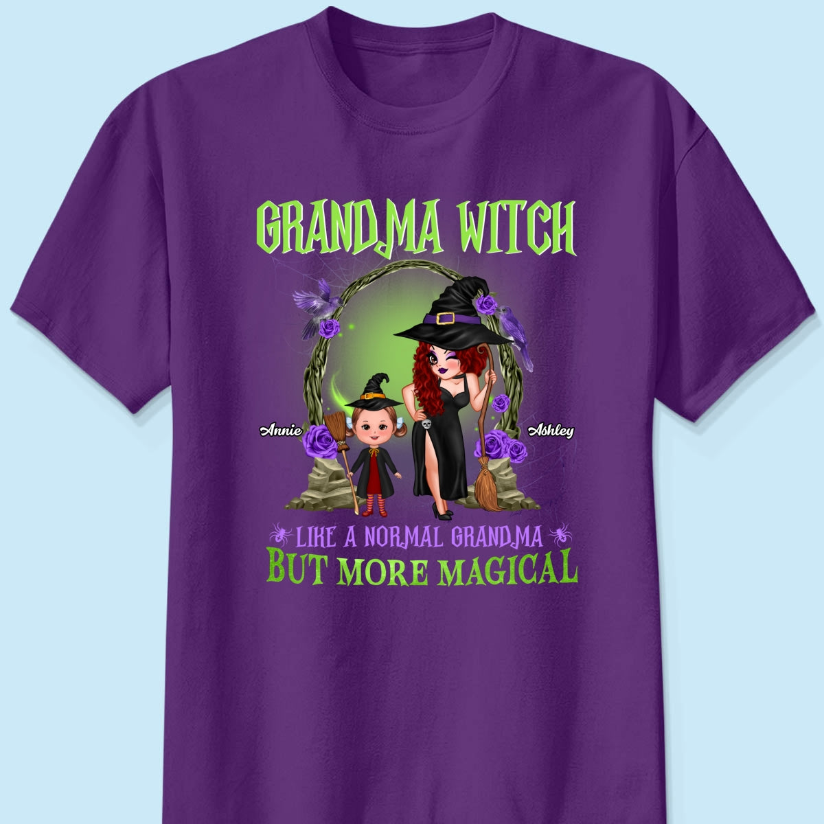 Purple And Green Pretty Grandma & Grandkids Halloween Personalized Shirt