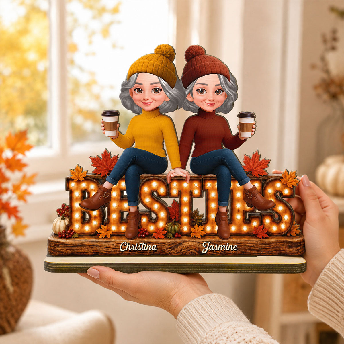 Cozy Vibe Fall Season Besties Forever - Personalized 2-Layered Wooden Plaque - Fall Gift For Best Friends