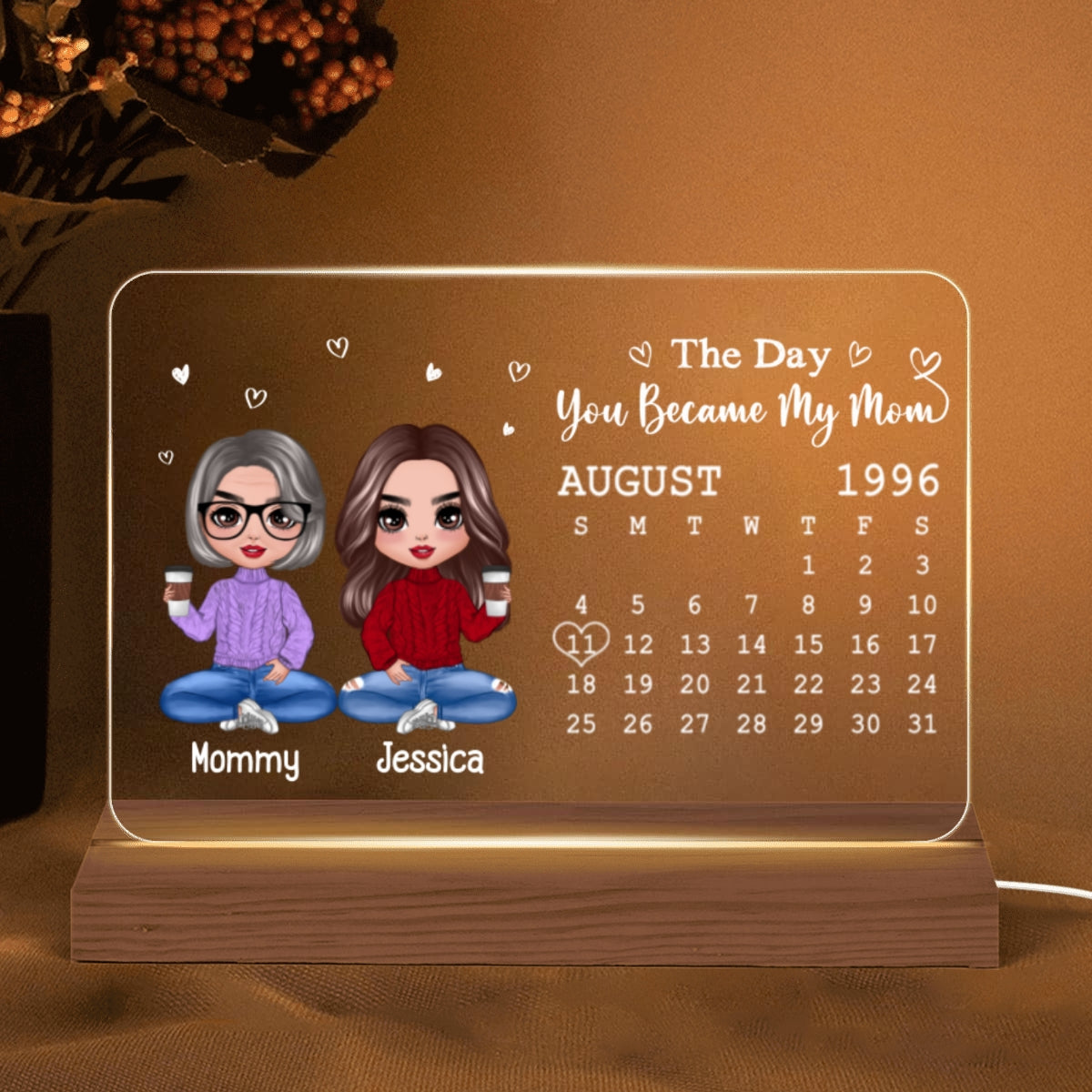 Doll Mother Daughter Son The Day You Became My Mom Calendar Date Mother‘s Day Gift For Mom Personalized Custom Shape LED Night Light