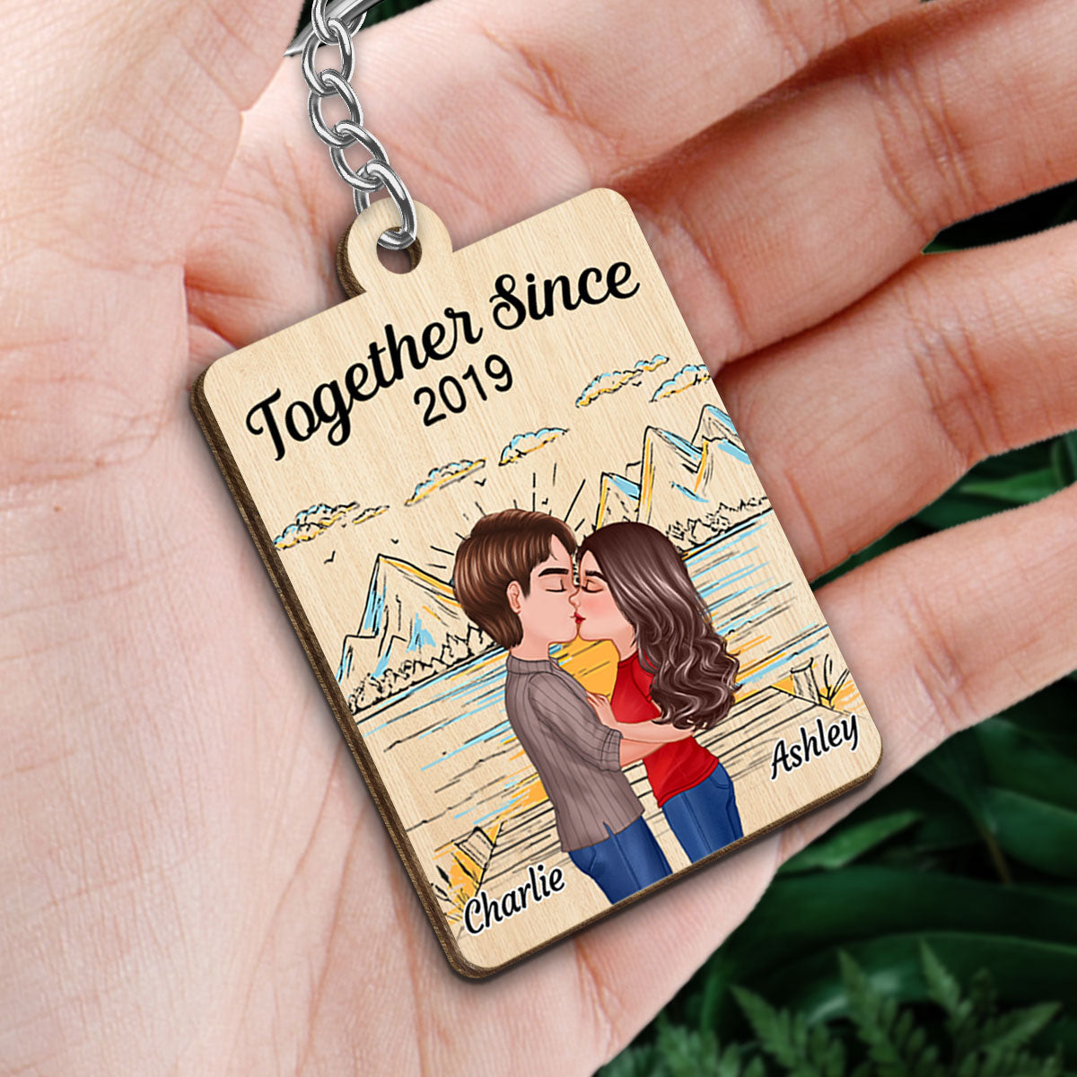 Mountain Sketch Doll Couple Kissing Favorite Song Scannable QR Code Personalized Wooden Keychain