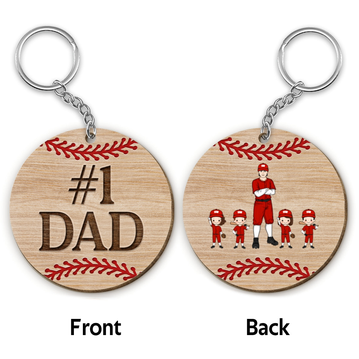 No. 1 Baseball Dad Baseball Man & Kids Personalized Wooden Keychain