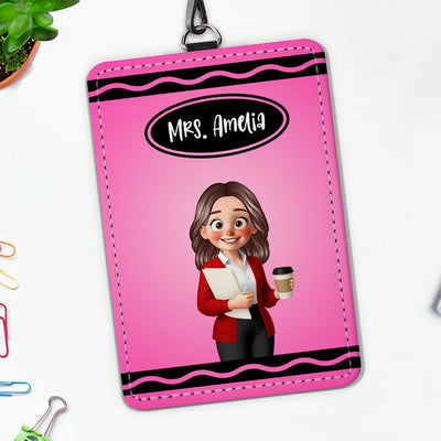 Crayon Themed Cartoon Teacher Personalized ID Badge Holder, Back To School Gift