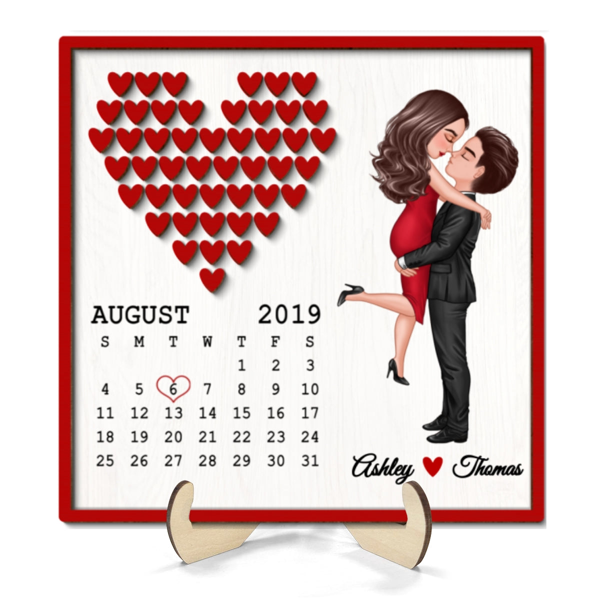 Doll Couple Hugging Kissing Calendar Anniversary Date Gift For Him Gift For Her Hearts Personalized 2-Layer Wooden Plaque