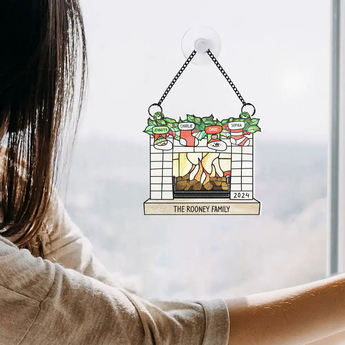 Family Christmas Stockings on Fireplace Personalized Suncatcher, Christmas Stained Glass Decor