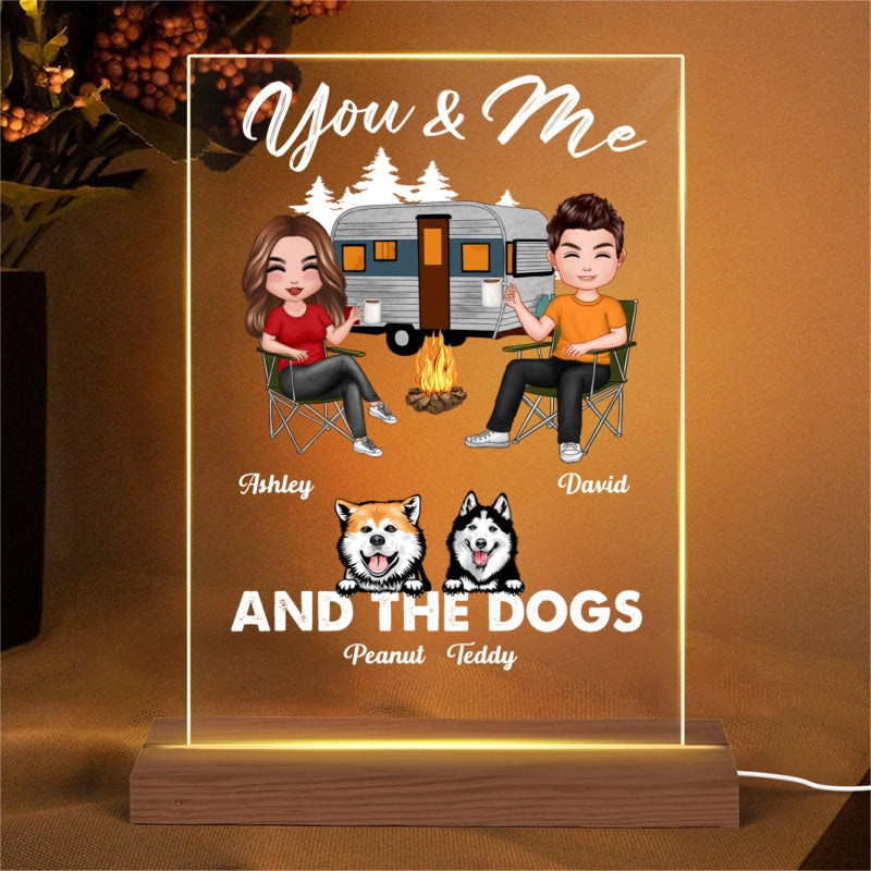 Couple And Dogs Camping Personalized Rectangle LED Night Light - Acrylic LED Lamp, Valentine‘s Day Gift For Her, Gift For Him