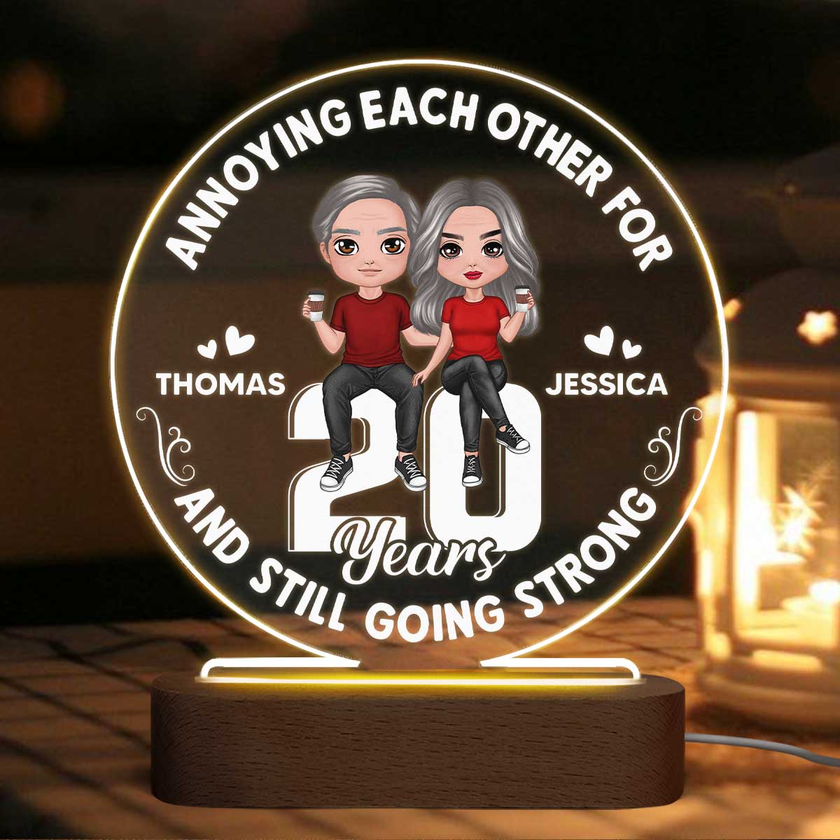 Annoying Each Other Doll Couple Sitting On Number Personalized Circle Acrylic Plaque With LED Night Light - Anniversary Gift For Her - Gift For Him