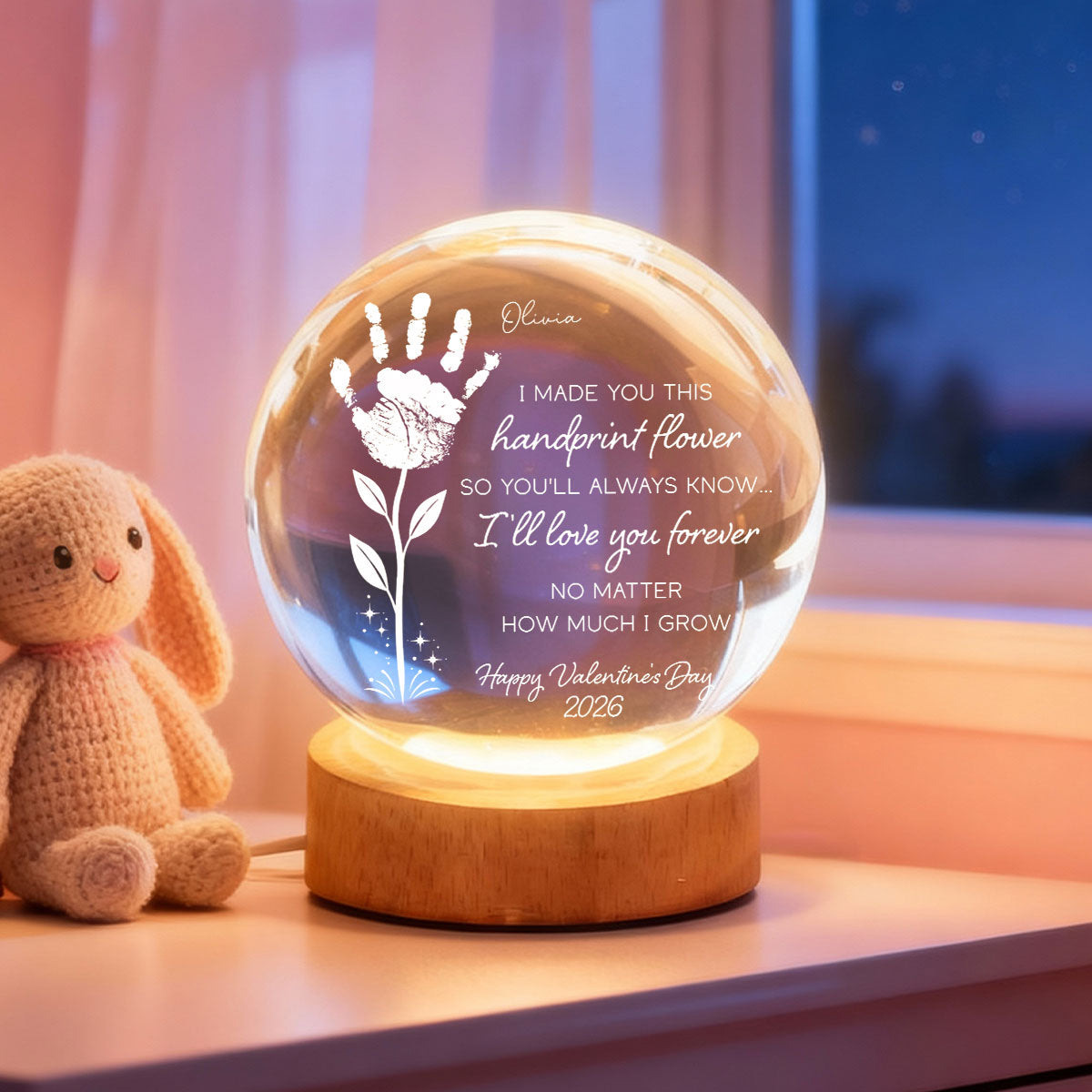 Valentine Day Handprint Art Craft - Personalized Crystal Ball LED Night Light - Anniversary, Valentine's Day Gift, Gift For Him, Gift For Her