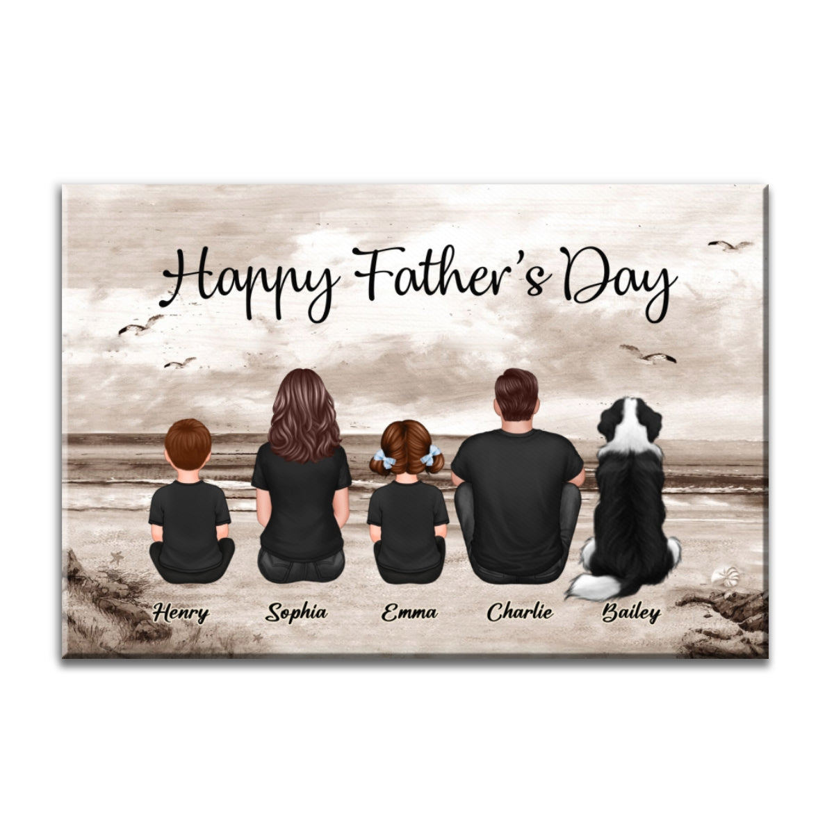 Retro Vintage Family Sitting Beach Landscape Personalized Canvas, Gift For Husband, Wife, Dad, Mom