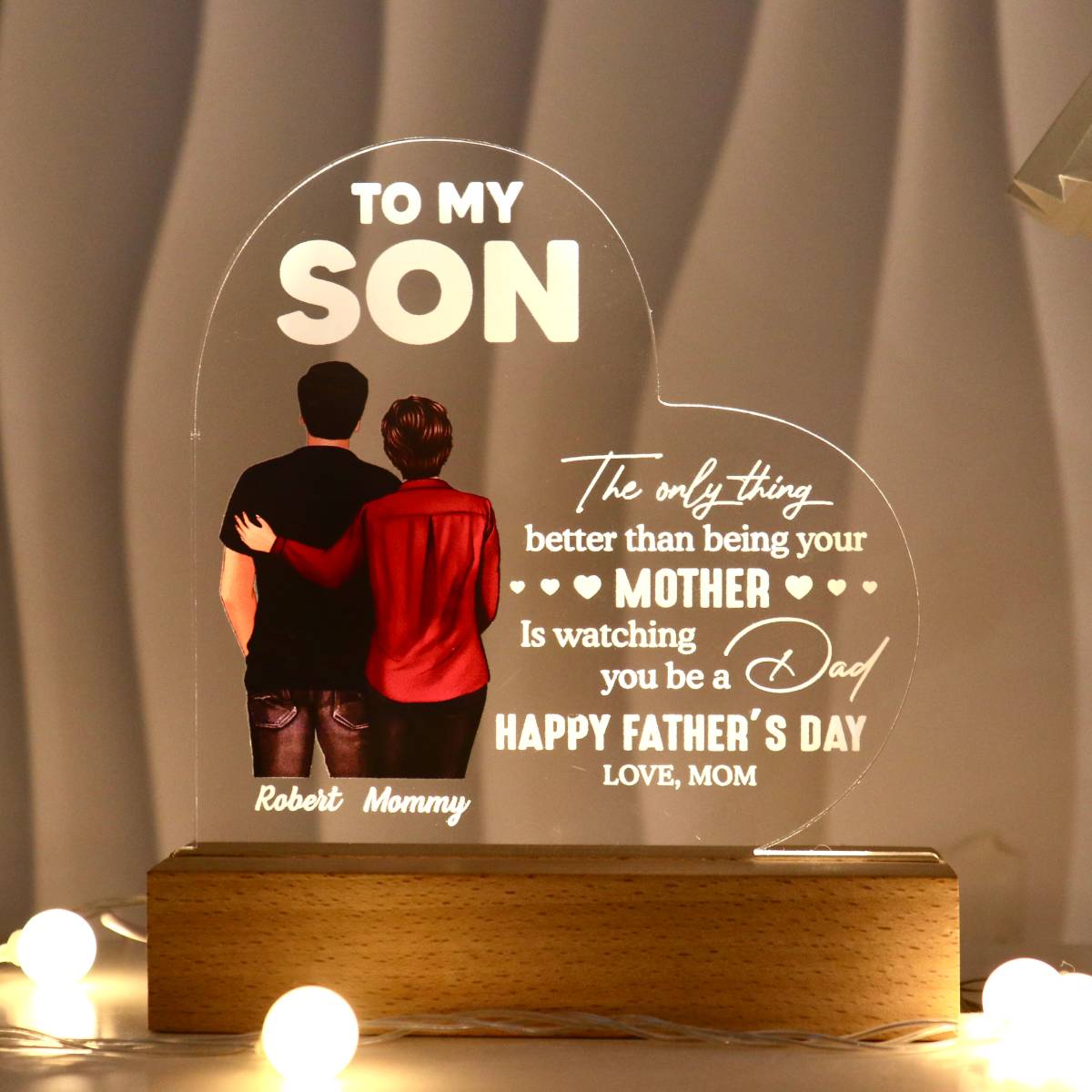 From Mom To Son Happy Father's Day Personalized Heart Acrylic Warm LED Night Light, Heartfelt Gift For Son