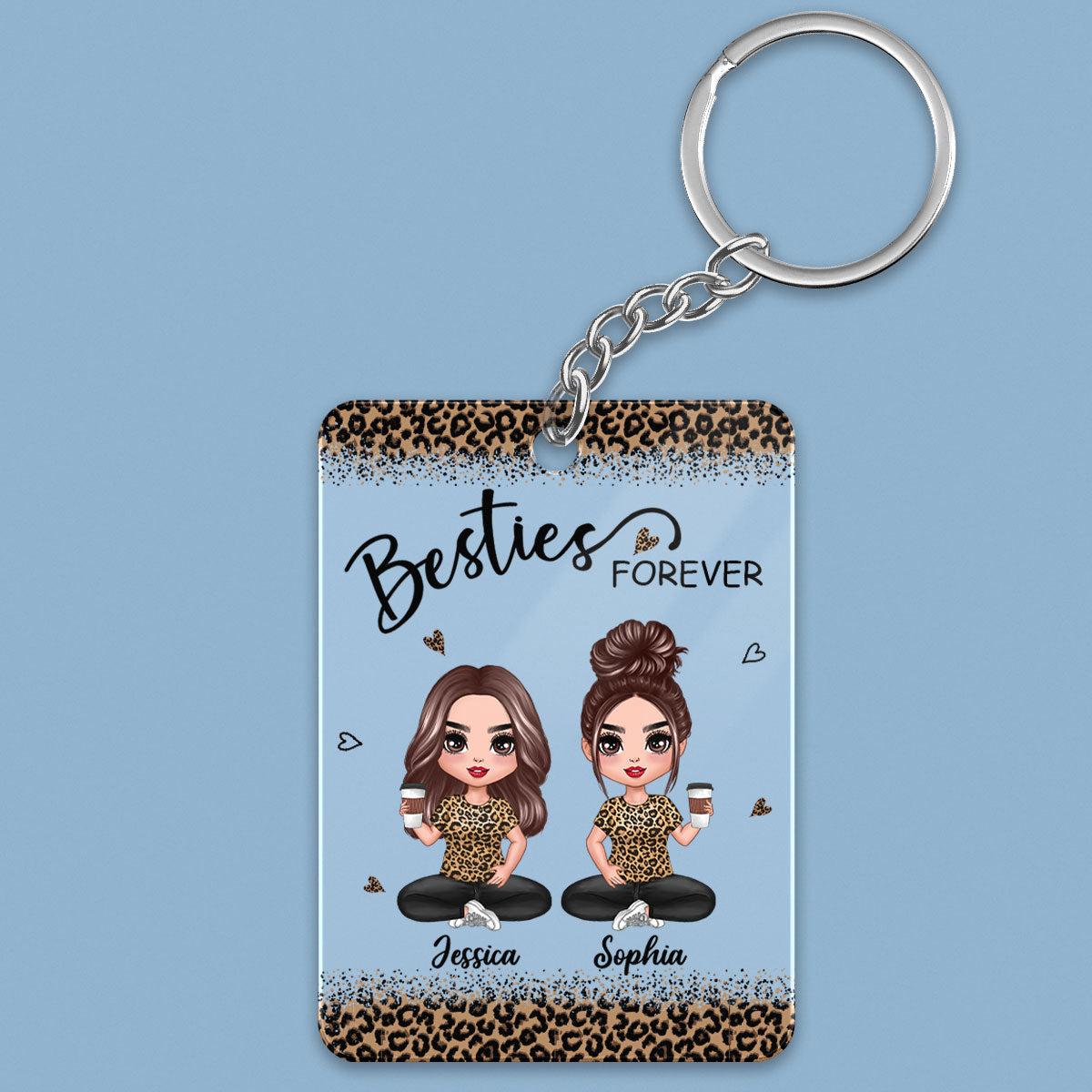 Leopard Doll Besties Sisters Sitting Personalized Acrylic Keychain