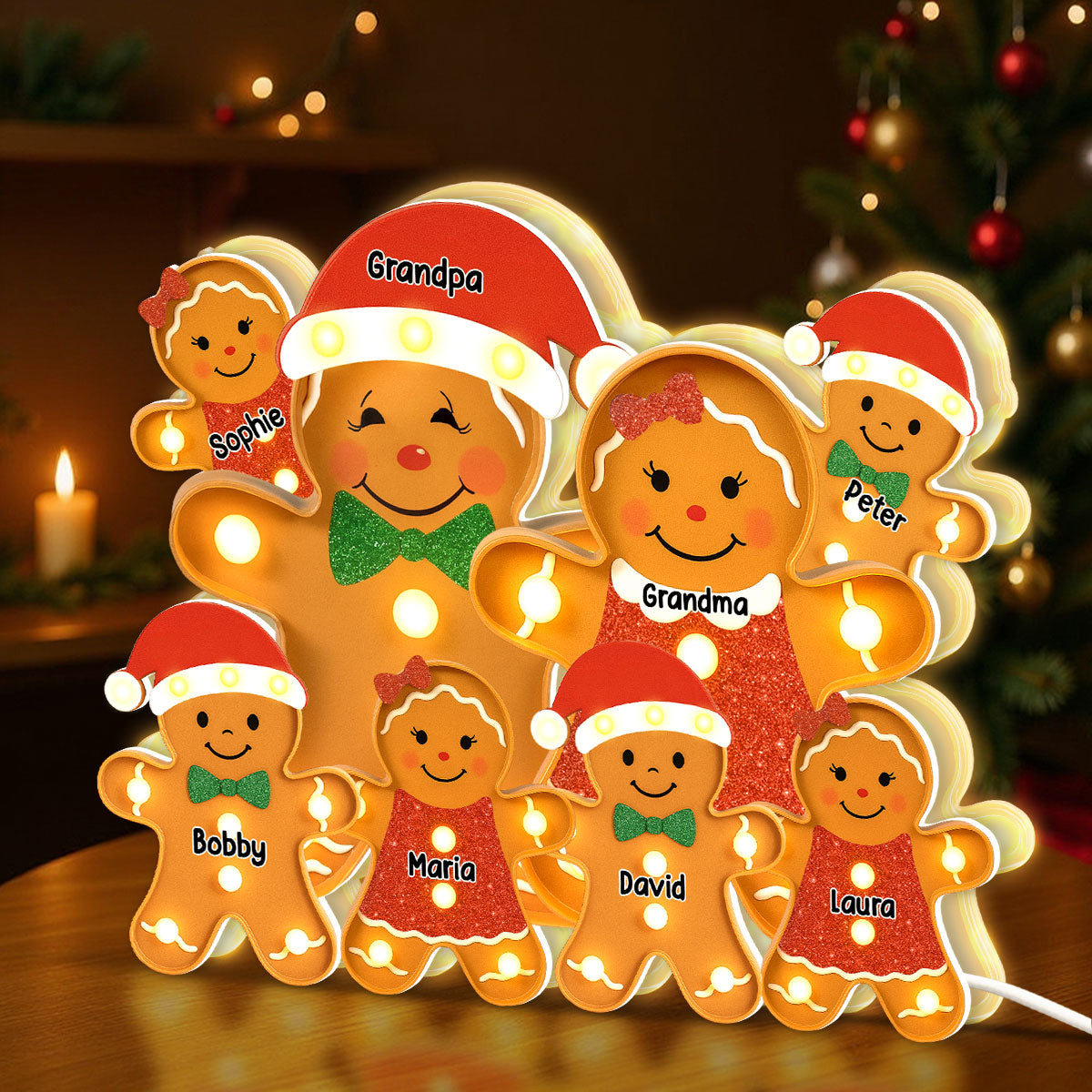 Gingerbread Family Marquee Effect Personalized LED Light Box, Christmas Decoration