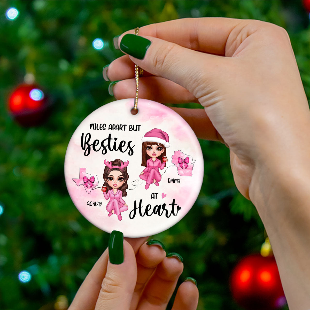 Long Distance Coquette Besties Sisters Personalized Circle Ornament, Christmas Gift