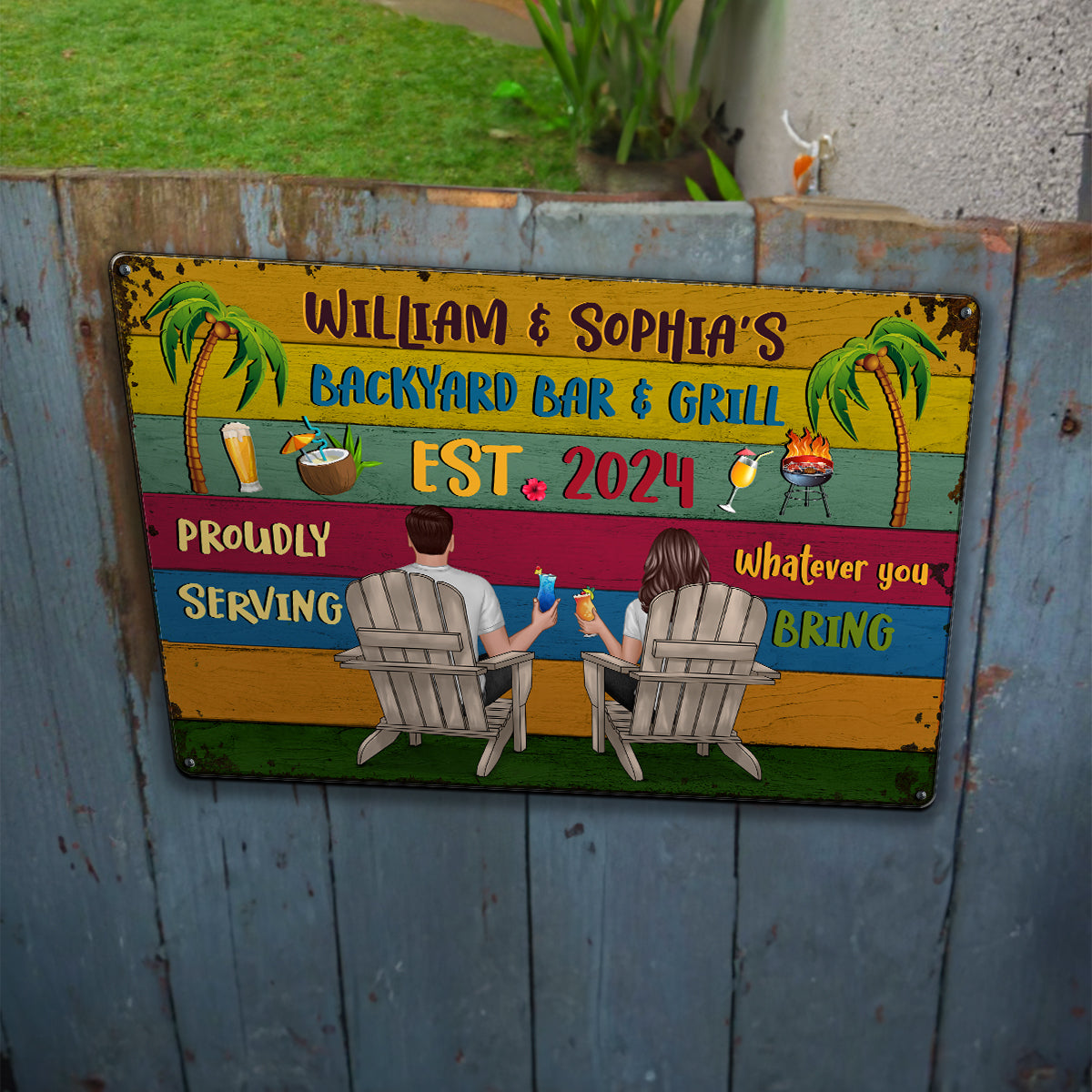 Welcome To Backyard Bar & Grill Back View Couple Personalized Metal Sign