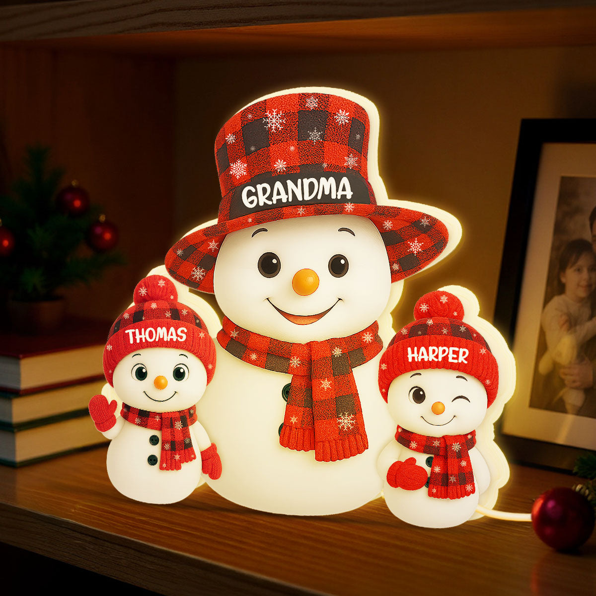 Christmas Checkered Pattern Grandma Grandkids Snowman Together - Personalized Light Box - Gift For Grandmas