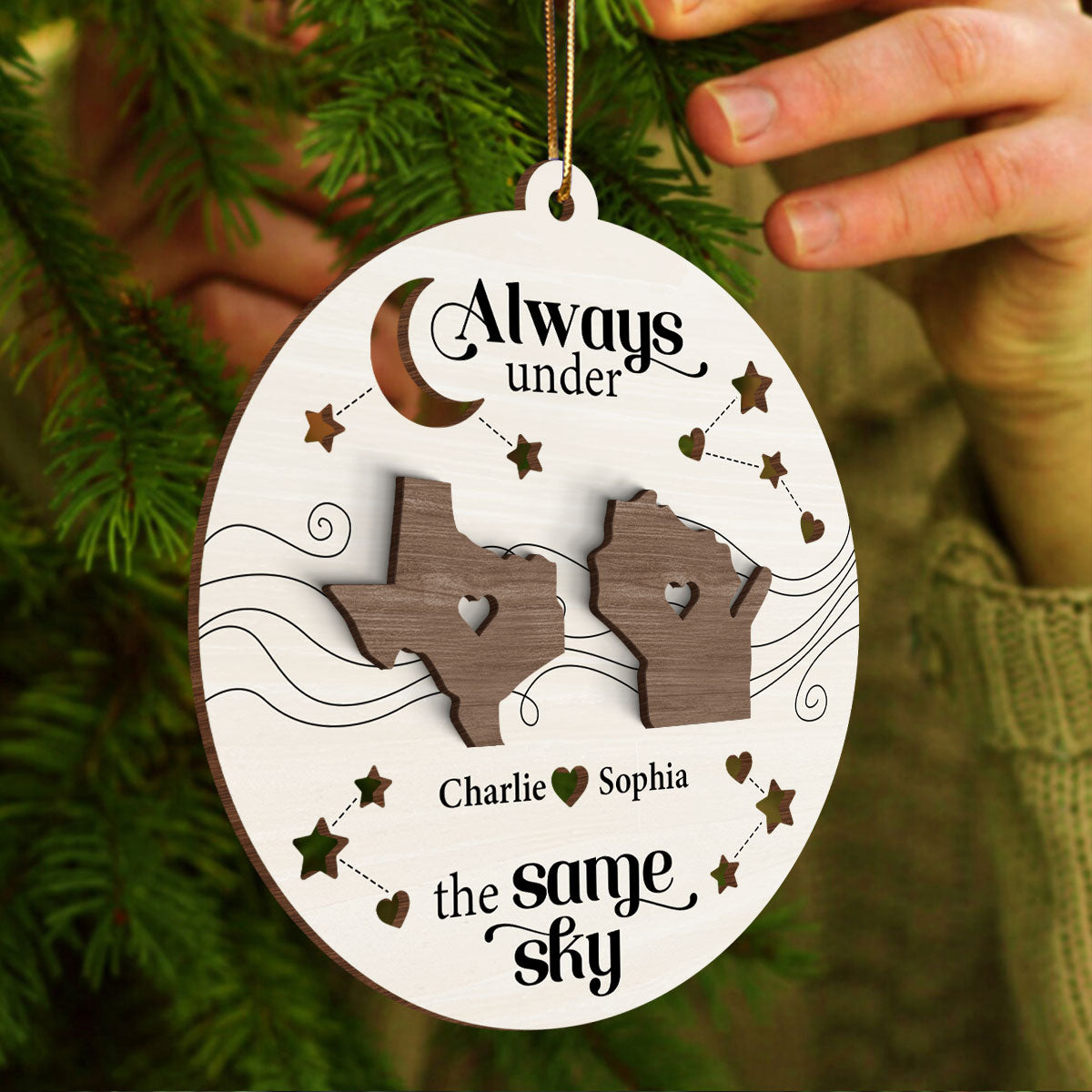 Always Under The Same Sky, Christmas Gifts for Boyfriend Girlfriend Personalized 2-Layered Wooden Ornament, Long Distance Relationship Gift