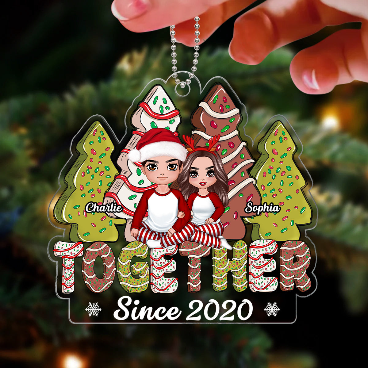 Christmas Tree Cakes Couple Sitting Together Personalized Acrylic Ornament