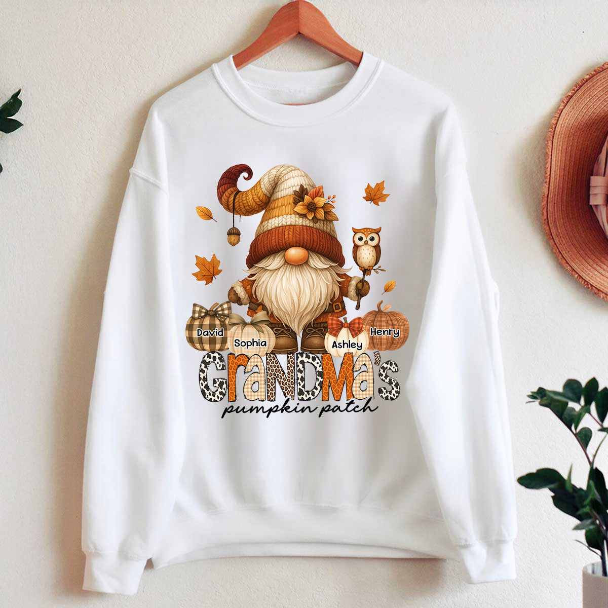 Grandma's Pumpkin Patch Cute Fall Gnome Personalized Sweatshirt, Cozy Fall Shirt for Grandma, Mom