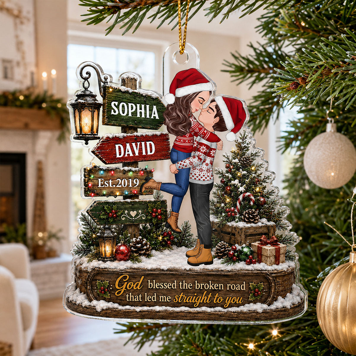 God Blessed the Broken Road That Led Me Straight to You - Personalized Acrylic Ornament - Couple Christmas Gift for Her, for Him