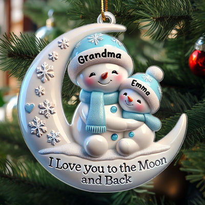 3D Effect Cute Snowmen Grandma & Hugging Grandkid On The Moon Personalized Acrylic Ornament, Christmas Gift For Granddaughter, Grandson