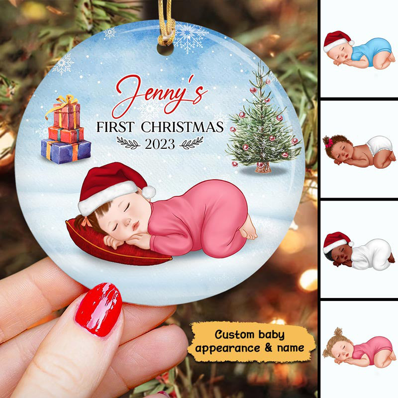 Baby First Christmas Newborn Christmas Tree Personalized Circle Ornament