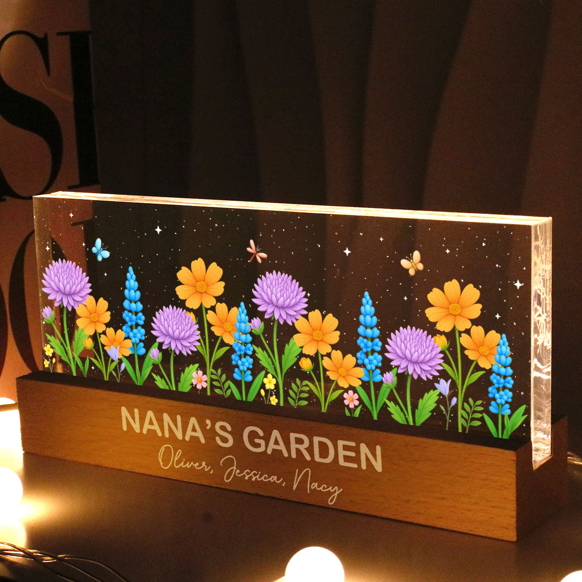 Blooming Birth Month Flowers Grandma Mom Garden Personalized Acrylic Block LED Night Light
