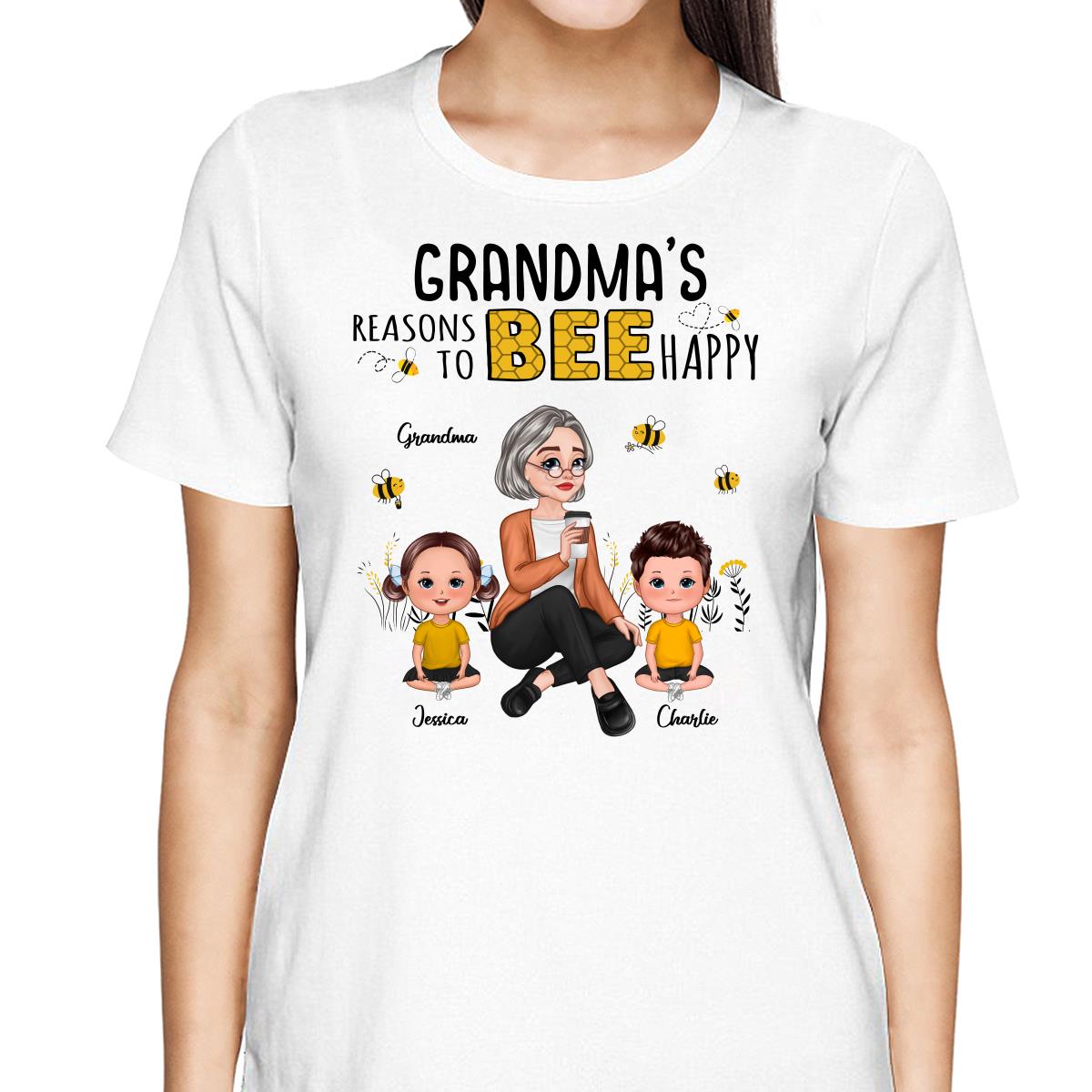 Reasons Bee Happy Pretty Cartoon Grandma & Doll Kids Personalized Shirt