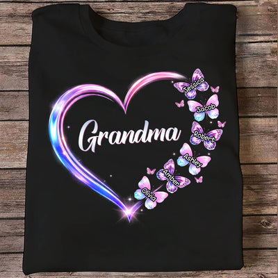 Grandma Mom Butterfly Heart with Kids' Names - Personalized Shirt - Sentimental Gift for Grandma, Mom