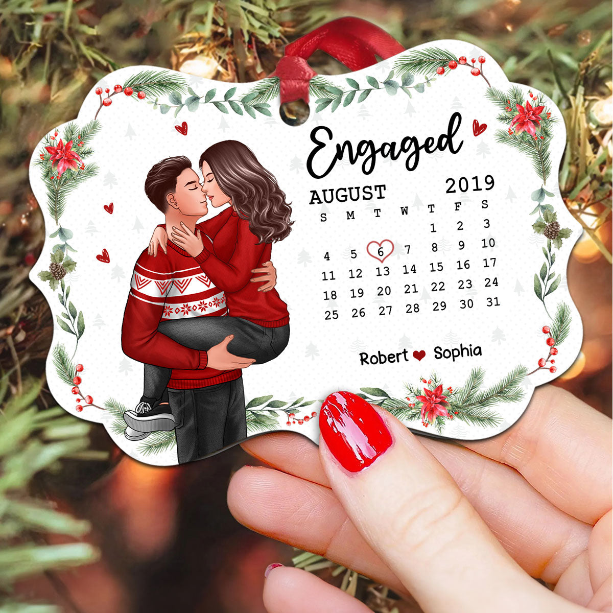 Christmas Engaged Married Couple Man Holding Woman Kissing Anniversary Date Calendar Personalized Christmas Ornament