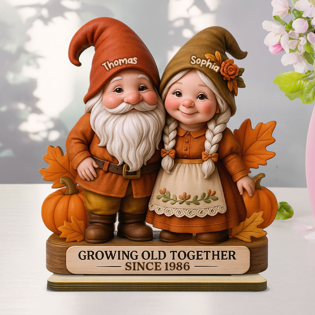 3D Effect Fall Season Gnome Couple Personalized Standing Wooden Plaque| Anniversary Gift, Birthday Gift, Wedding Gift For Couple
