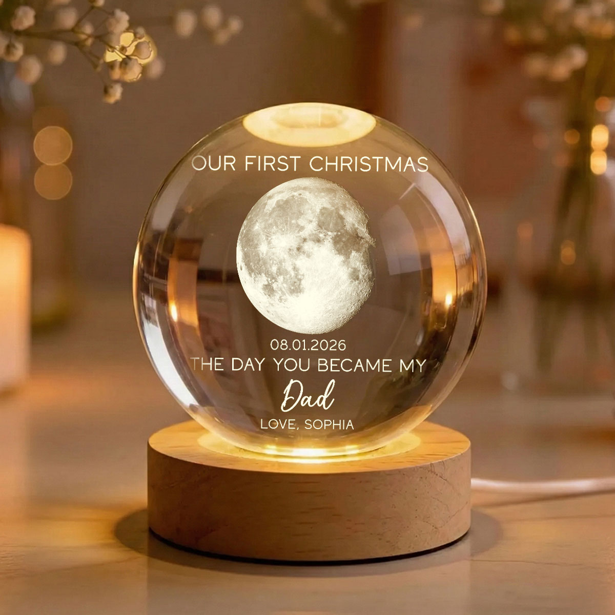 The Day You Became My Mom Dad Custom Moon Phase First Christmas - Personalized Crystal Ball LED Night Light - Christmas Gift For New Mom, New Dad, New Parents