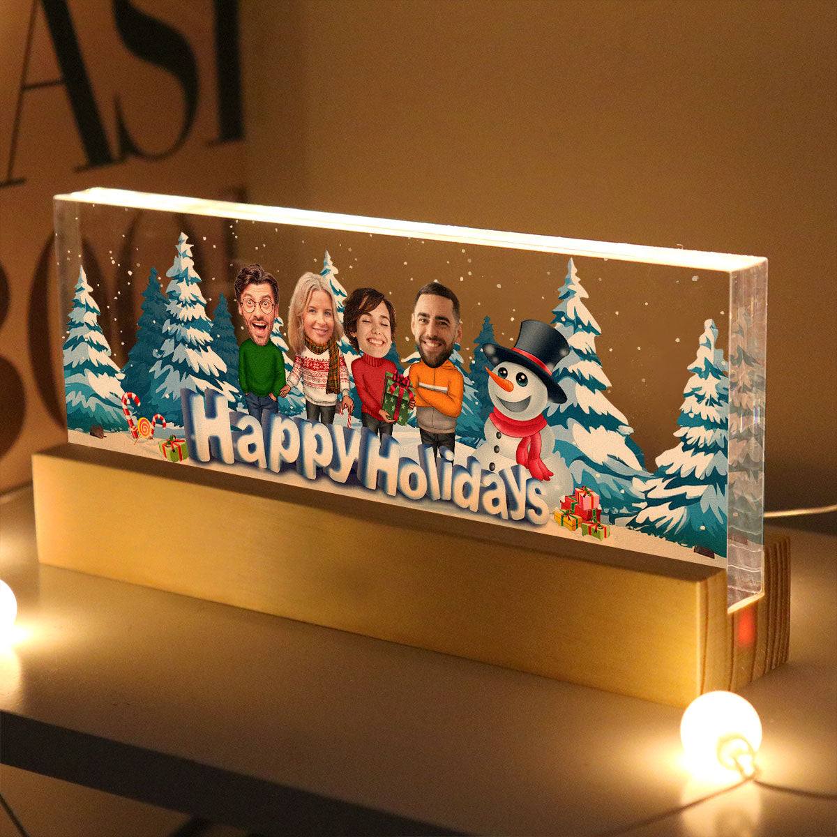 Happy Holiday Funny Family, Custom Photo, Personalized Family Photo Acrylic Block LED Night Light, Family Keepsake