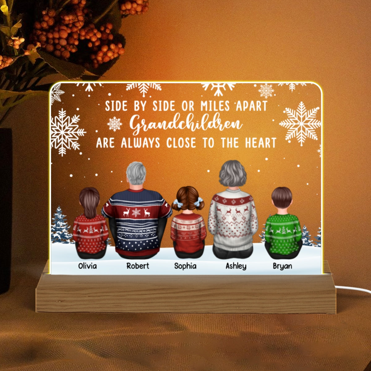 Back View Grandpa Grandma Grandkids Side By Side Snow Personalized Custom Shape Acrylic Plaque Warm LED Night Light