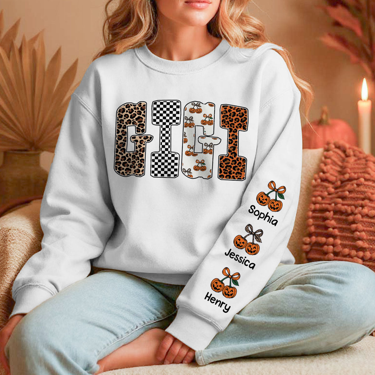 Trendy Fall Mama Personalized Sweatshirt – Leopard, Pumpkin & Checkerboard Fall Halloween Sweatshirt