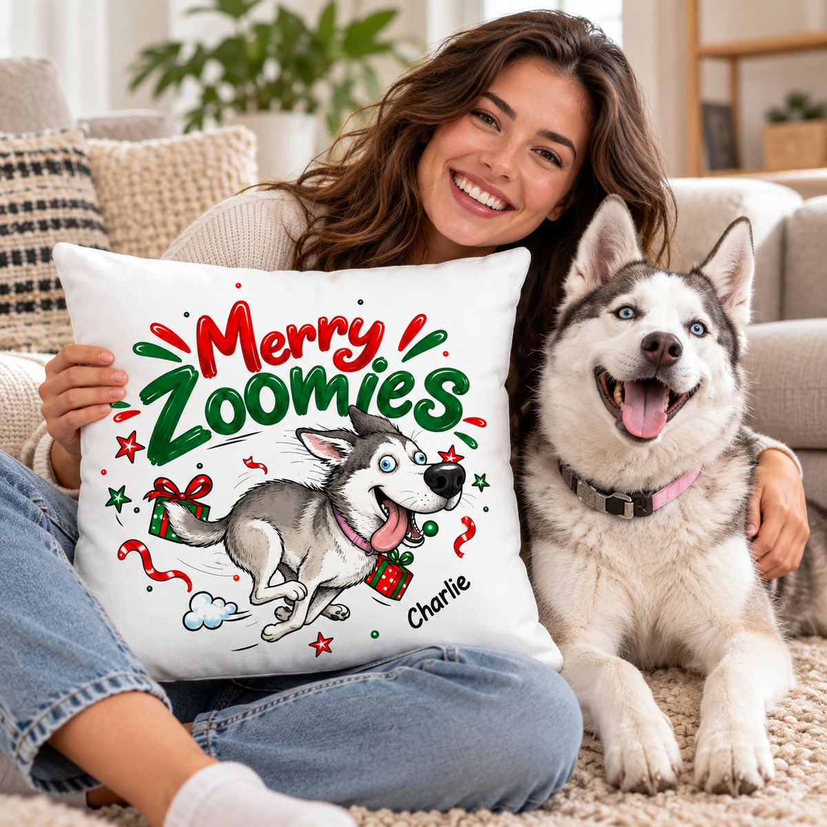 Merry Zoomies Quirky Dog Portrait From Your Custom Pet Photo - Personalized Pillow - Funny Christmas Gift For Dog Lover