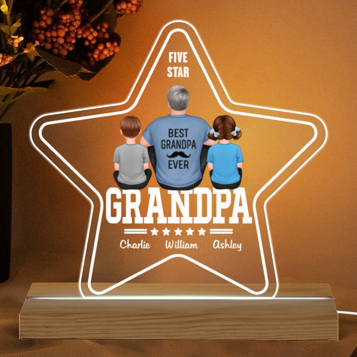 Five - Star Grandpa Back View Dad And Kids Personalized Acrylic Custom Shape LED Night Light