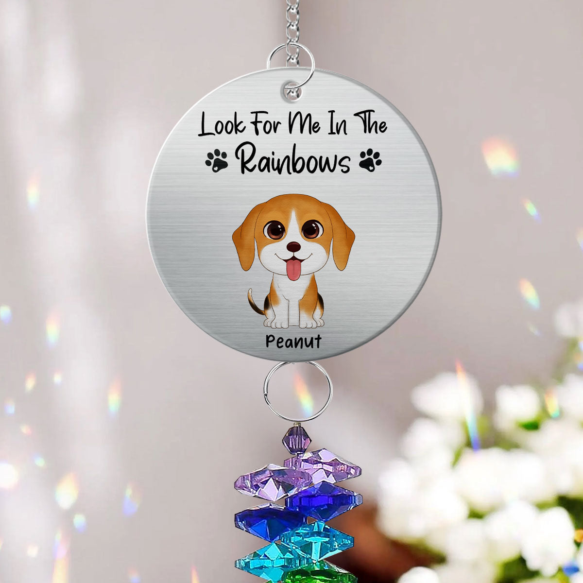 Dog Pet Memorial Look For Me In The Rainbows Personalized Crystal Suncatcher With Aluminum Charm