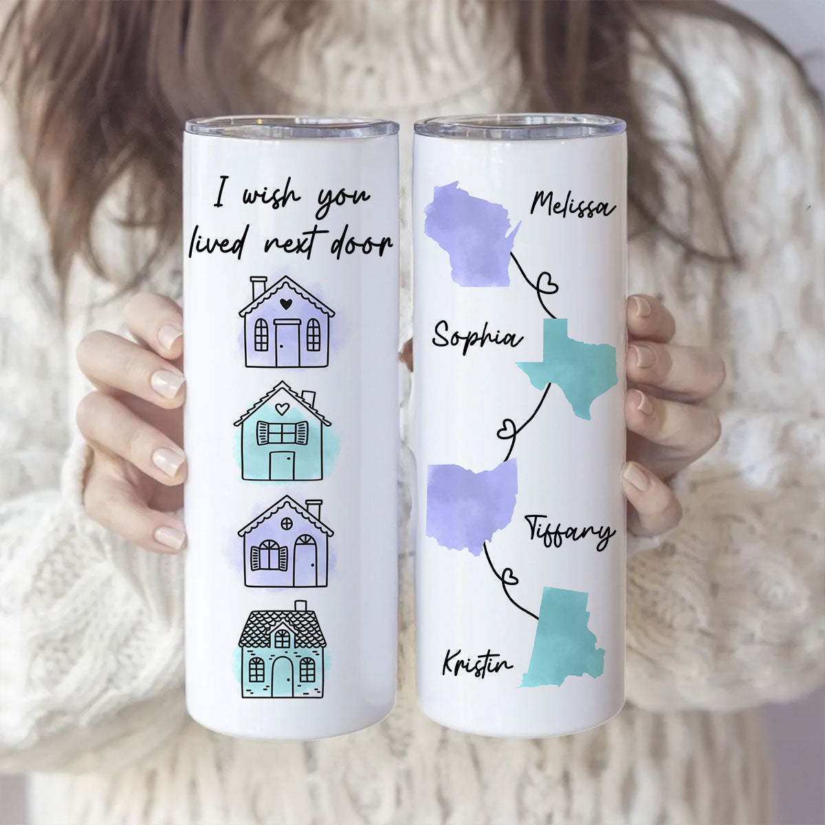 Family Besties Sisters Long Distance Watercolor State Map Personalized Skinny Tumbler