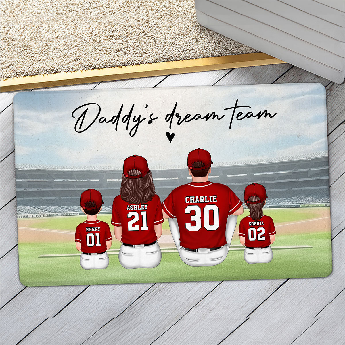Daddy's Team Baseball Family Sitting Personalized Doormat, Father's Day Gift For Dad, Grandpa, Husband