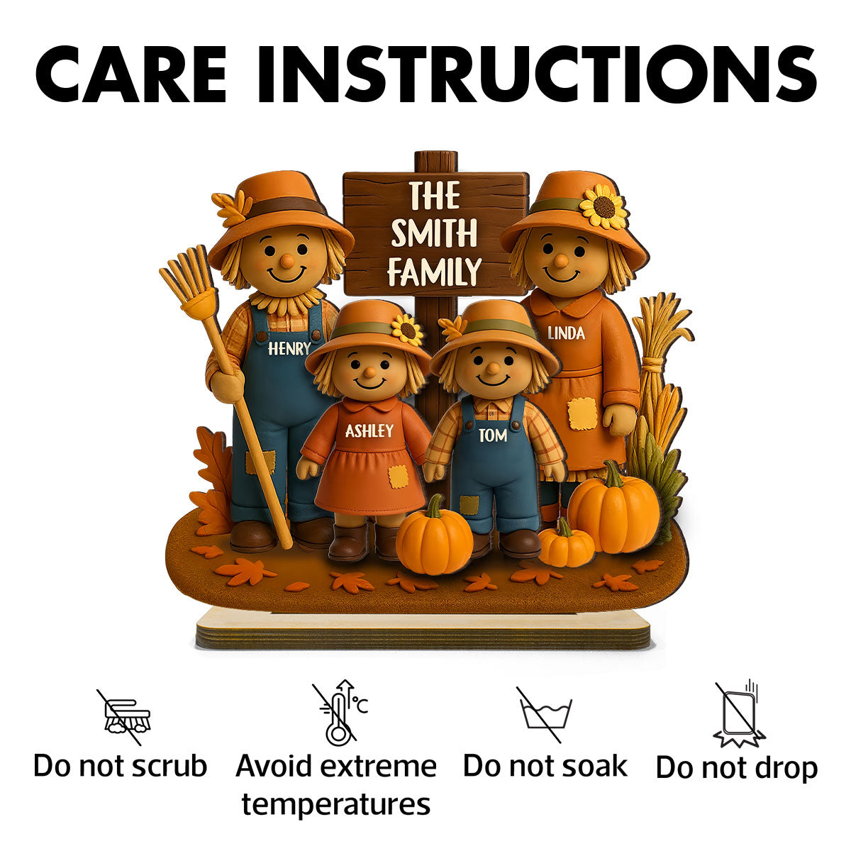 Fall Season Scarecrow Family 3D Effect Personalized 2-Layer Wooden Plaque