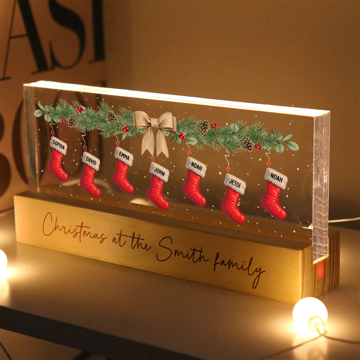 Christmas Stocking Family Names Personalized Acrylic Block LED Night Light