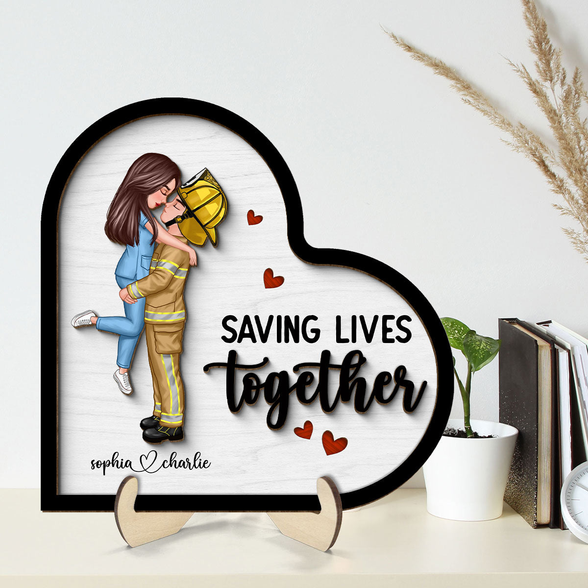 Saving Lives Together Couple Valentine‘s Day Gifts by Occupation Gift For Her Gift For Him Firefighter, Nurse, Police Officer Personalized 2-Layer Wooden Plaque