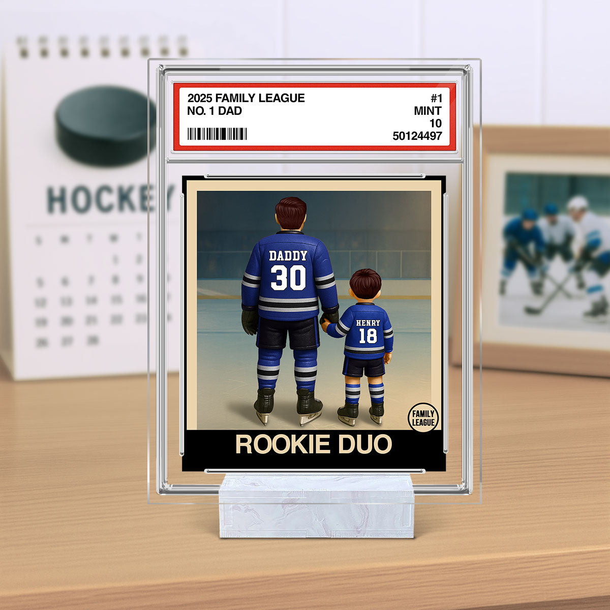 Hockey No. 1 Dad Man & Kids Trading Card Style Personalized Acrylic Plaque