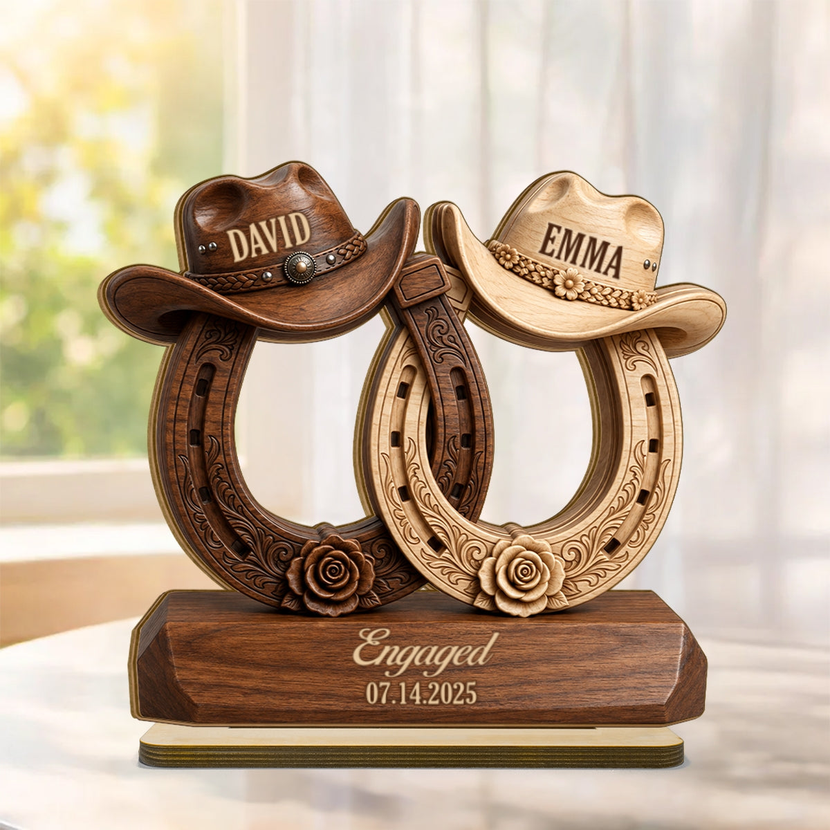 Couple Cowboy Hat Horseshoe - Personalized 2-Layered Wooden Plaque - Wedding, Anniversary Gift for Her, for Him