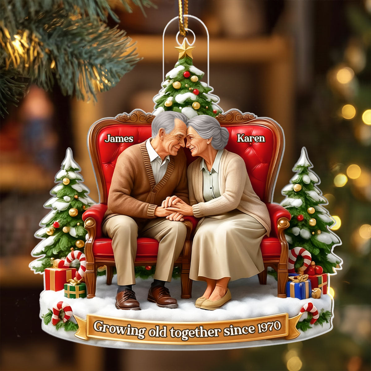 Old Couple Sitting Growing Old Together - Personalized Acrylic Ornament - Christmas Gift for him, Gift for her