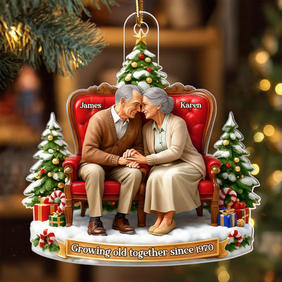 Old Couple Sitting Growing Old Together - Personalized Acrylic Ornament - Christmas Gift for him, Gift for her