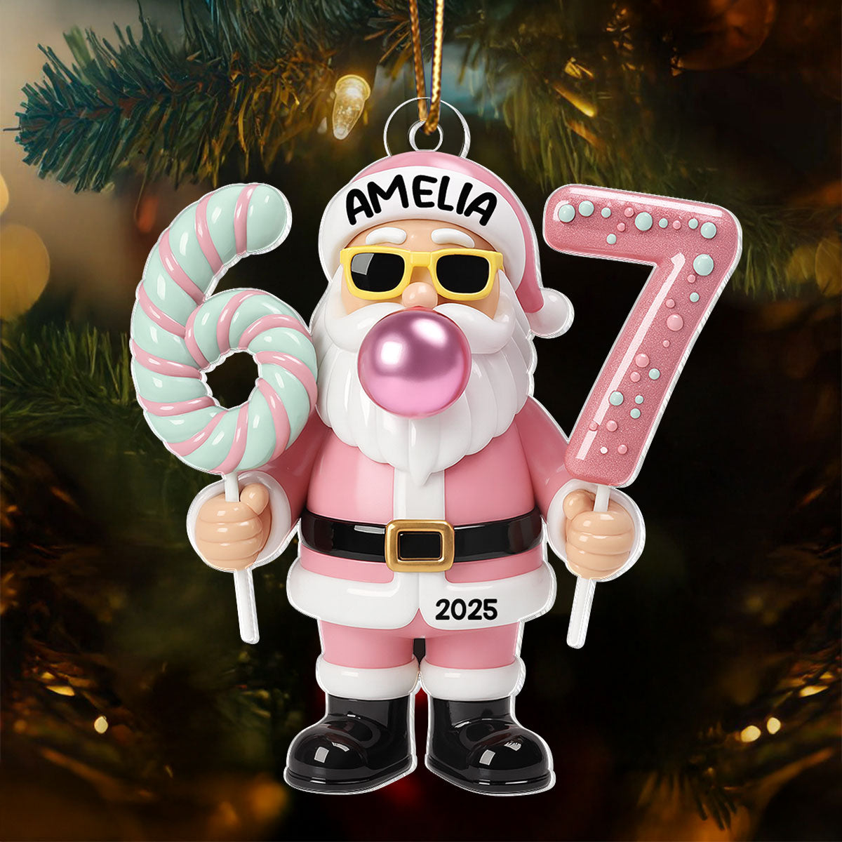 Pink Santa Six Seven - Personalized Acrylic Ornament - Christmas Gift for Kid, Grandkids