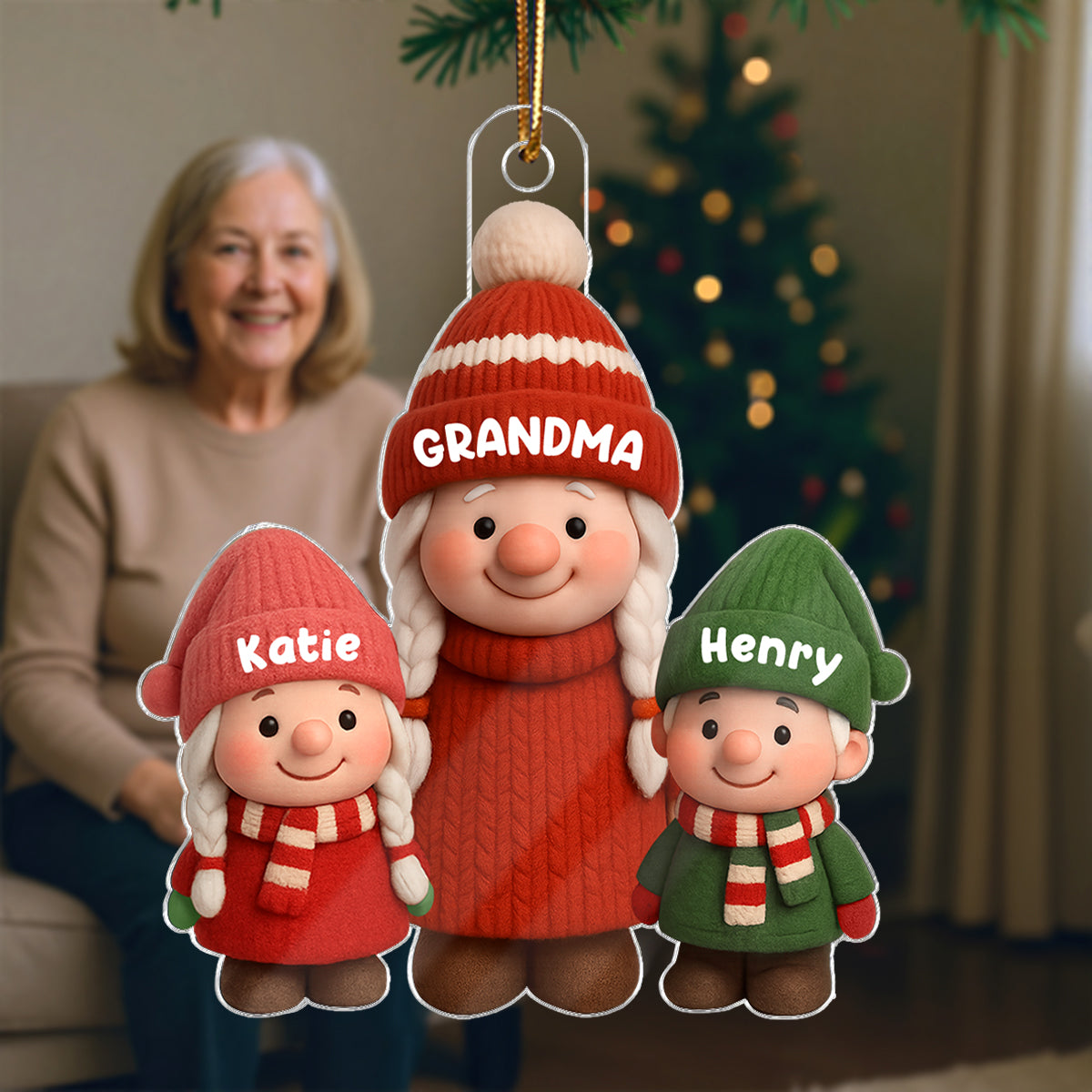 3D Effect Cute Gnome Grandma And Grandkids - Personalized Acrylic Ornament