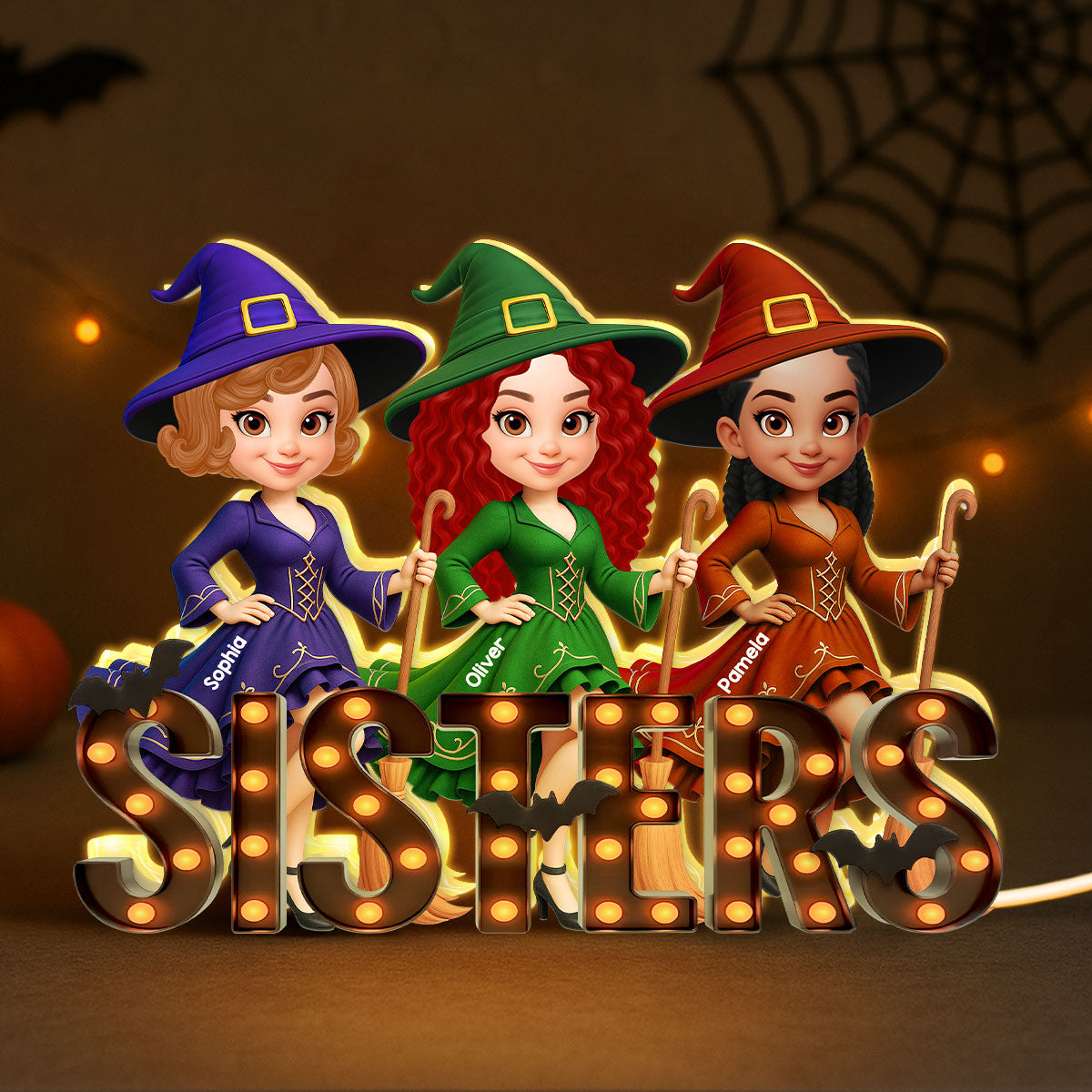 Halloween Besties Sisters Witch Marquee Personalized LED Light Box
