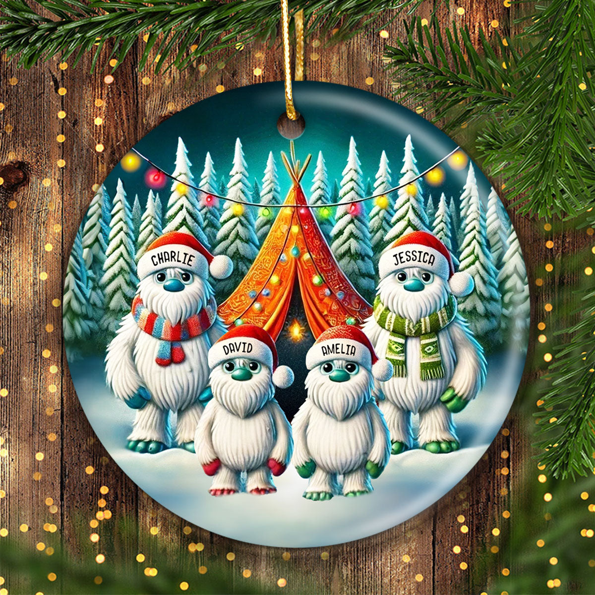 Bigfoot Family Camping Ceramic Ornament, 2024 Funny Whimsical Family Ornament, Christmas Ornament For Camping Family, For Campers